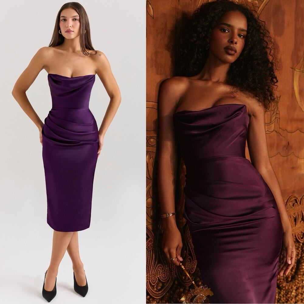 House of CB Santana Grape Satin Strapless Midi Dress S